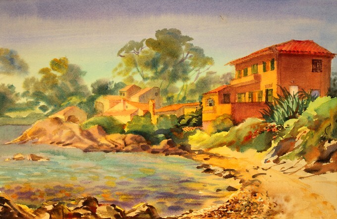 Watercolor painting of the building in St. Tropez, Cote d'Azur, France